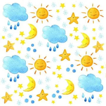 Weather watercolor pattern. Cute smiling sun, moon, star, drops, and cloud... Stock-Illustration