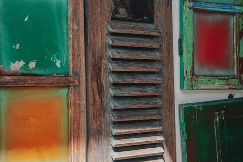 Weathered and old window rustic exterior, background texture. Stockfoto's