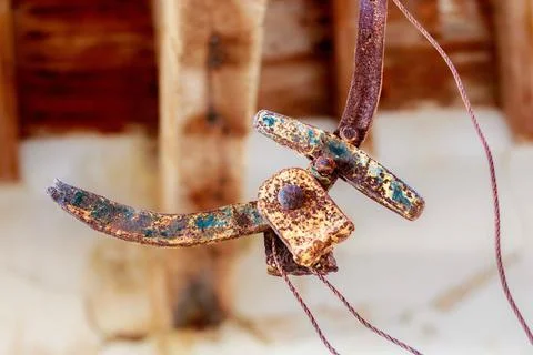 Weathered and rusty hook of a scale in an abandoned mine building, Mazarron Stock Photos