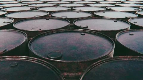 Weathered and rusty old petrol barrels camera dolly looping 3D animation Stock Footage 183896259