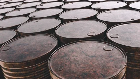 Weathered and rusty old petrol barrels tracking camera looping 3D animation Stock Footage 184968814