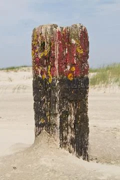 Weathered beach pole with red head Stock Photos