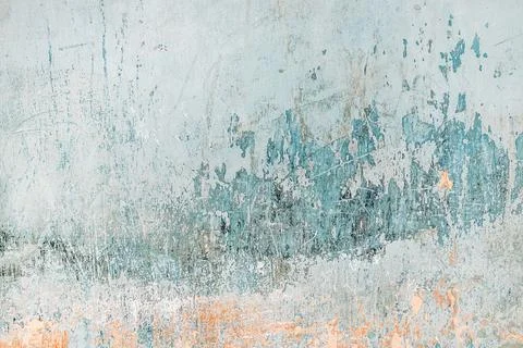 Weathered blue plaster wall with peeling layers and orange patches texture Stockfoto's