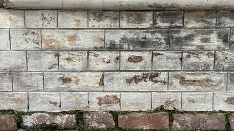 Weathered brick wall texture with cracked paint and green moss at the base Stock Photos