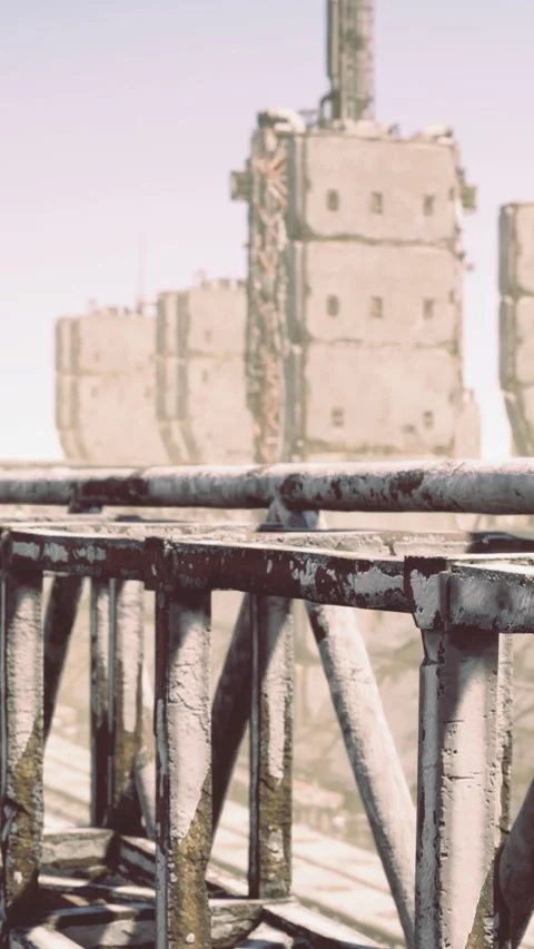 Weathered bridge stands strong amidst crumbling towers in a desolate landscape Stock Footage 335097984