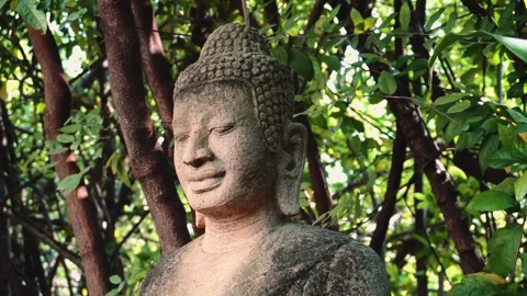 Weathered Buddha Statue Surrounded by Lush Garden in Phnom Penh Cambodia Stock-Footage 340016705