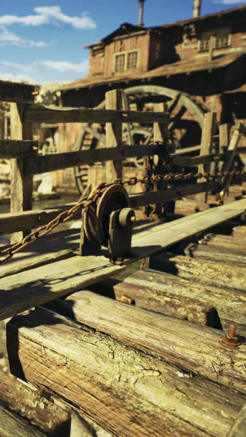 Weathered cabin by the river showcases rustic machinery and natural beauty Stock Footage 331803980