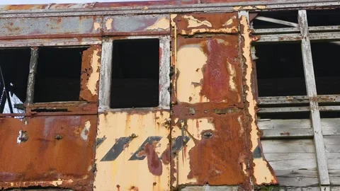Weathered Carriage Panel Peeling With Rust And Cracked Paint Stock Footage 341524117