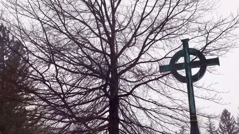 Weathered Celtic Cross in Front of Large, Leafless Tree During Windy Snowstorm Stock Footage 100565979