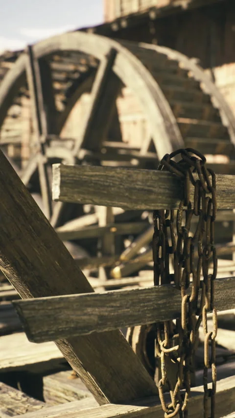 Weathered chains and wooden wheels create a rustic charm in an old mill setting Stock Footage 331834624