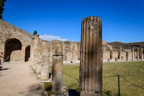 Weathered columns in gladiator barracks, Pompeii Stock Photos