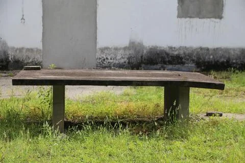 Weathered concrete bench structure in overgrown outdoor courtyard beside ag.. Stock Photos
