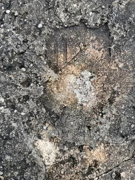 Weathered Concrete Pothole Surface with Exposed Aggregate and Clay Dirt Stockfoto's