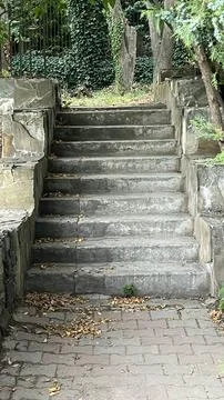 Weathered Concrete Steps and Stone Pavement in Natural Park Stock Photos