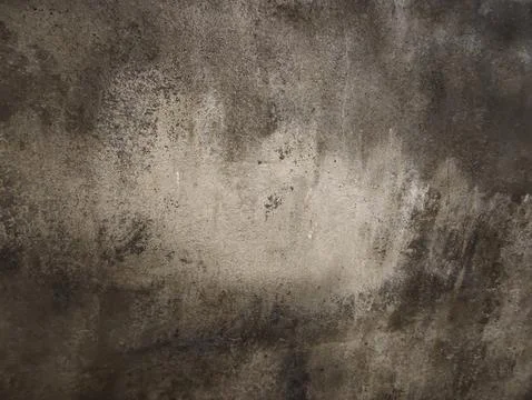 Weathered dark concrete wall texture with mold and aging spots. Stock Photos