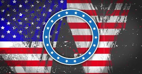 Weathered distressed flag design featuring circular star emblem over dark grunge Stock Photos