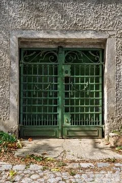 Weathered Green Gate in Stone Stock Photos