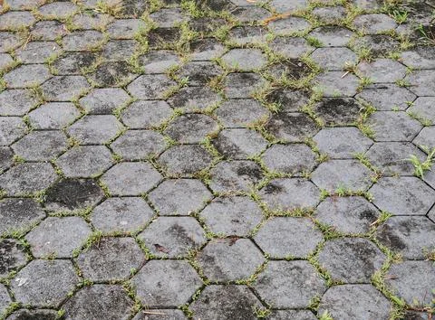 Weathered Hexagonal Paving Stones Pattern with Grasss Stockfoto's