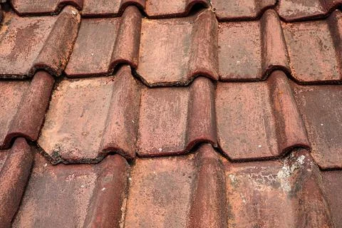 A weathered interlocking s-shaped red clay tile roof layout covered by drie.. Stock Photos