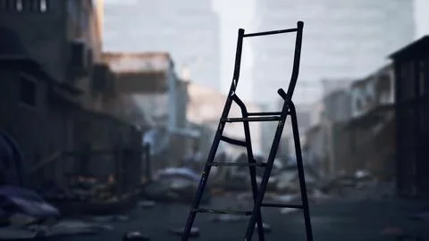 A weathered ladder stands alone in a desolate urban landscape at dusk Stock Illustration