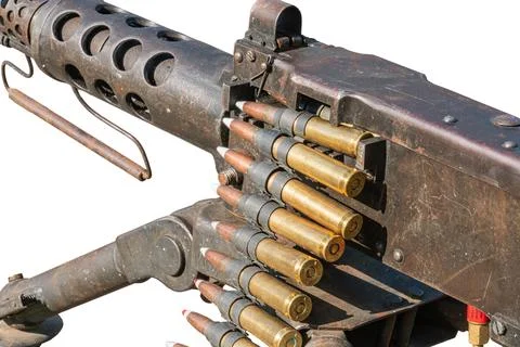 Weathered Machine Gun Close-up with Ammunition Feed Mechanism Stock Photos