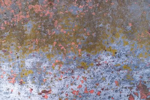 Weathered metal sheet with mixed rust and lichen deposits Stock Photos