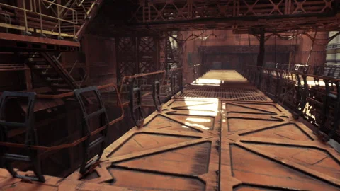 Weathered metallic catwalk within abandoned manufacturing plant environment 動画素材 338337010