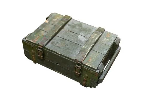 Weathered military ammo box, rectangular metal design, rugged utilitarian a.. Stock Photos