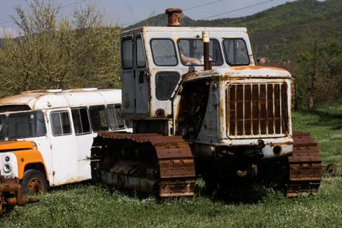 Weathered old soviet bulldozer Stock Photos