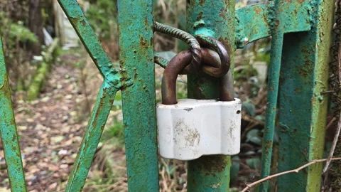 Weathered padlock securing a rusty green metal gate, barring entry to an Vídeos de archivo 329747346