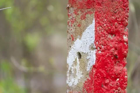 Weathered red and white paint marks a rustic wooden post Stock Photos