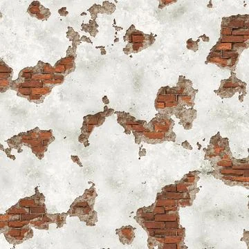 Weathered red brick wall background with cracked white plaster patches. 3D Illustrazione stock