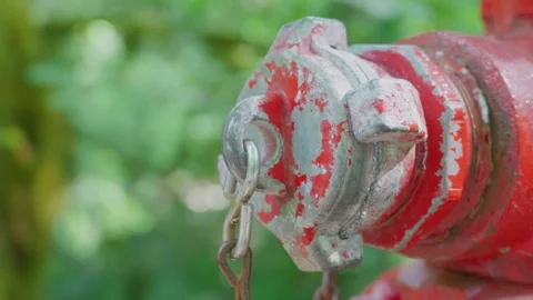 Weathered red fire hydrant valve nozzle cap with metal safety chain Stock Footage 341909840