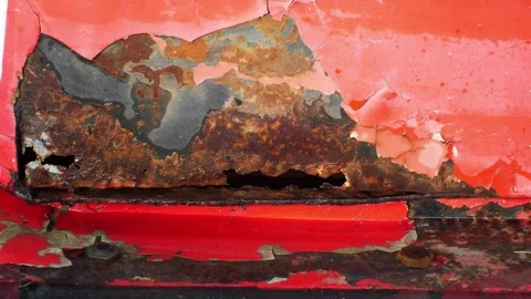 Weathered Red Metal Surface with Peeling Paint and Rust Reflected in Dark Water, 스톡 동영상 347110623