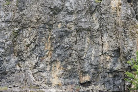 Weathered rock face texture in old stone pit with parts of green. Stock Photos