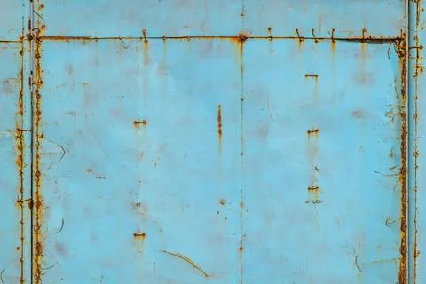 Weathered Stitched Blue Metal Surface with Rust Stains Фото