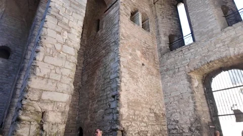 Weathered Stone Pillars and Arched Windows in Visby Ruin Stock Footage 347671526