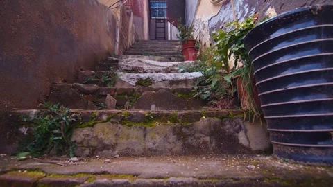 Weathered Stone Steps Ascending Narrow Alleyway with Potted Plants Видео 336522918