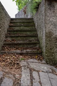 Weathered stone steps in autumn Stock Photos