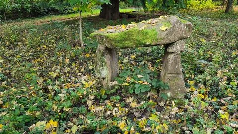A weathered stone structure, resembling a small dolmen or a primitive bench, Stock Photos