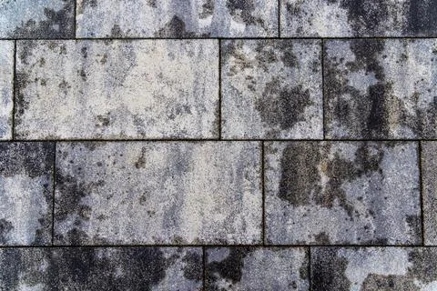 Weathered stone tiles with moss patterns. A close-up view of weathered stone Stock Photos