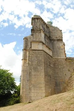Weathered Stone Wall of Ancient Ruins Against a Cloudy Sky, Architectural D.. Stock Photos