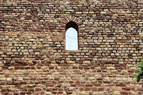 Weathered Stone Wall with Arched Window  Rustic Architecture Stock Photos