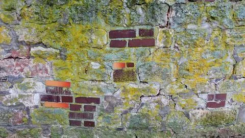 A Weathered Stone Wall Covered in Moss and Bricks in a Rustic Setting Stock Photos