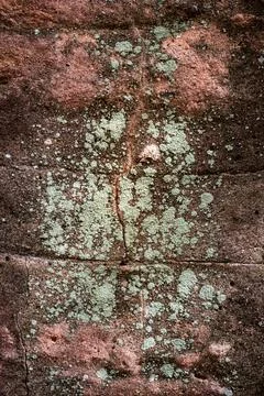 Weathered stonework plays host to lichen Stock Photos