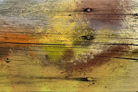 A weathered tree background texture with cracks and splashes of colored paint Ilustração Stock