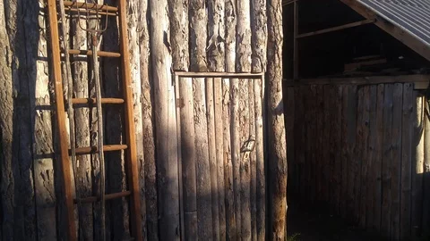 Weathered wall of old barn with a old ladder Stock Footage 89800146