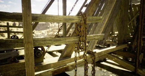 Weathered wood with chains under the sun in a desert landscape Stock Illustration