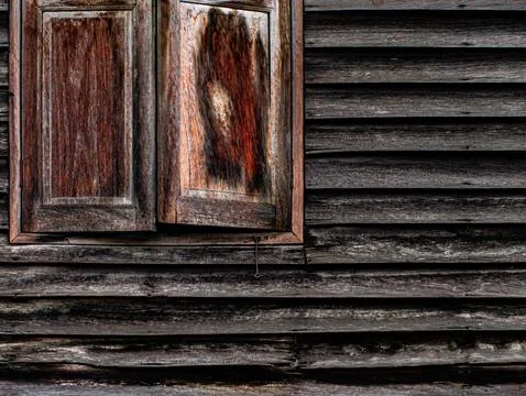 Weathered Wooden Shutter Window with Rustic Wood Plank Wall, Rural Texture .. Stock Photos