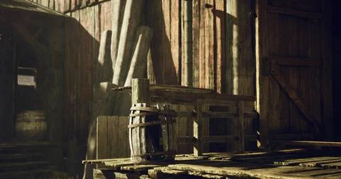 Weathered wooden structures in a rustic barn illuminated by sunlight Stock Illustration